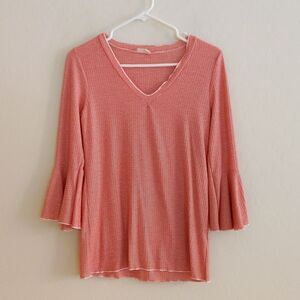 Hummingbird Orange White Striped Flute Sleeve Shirt - Size S